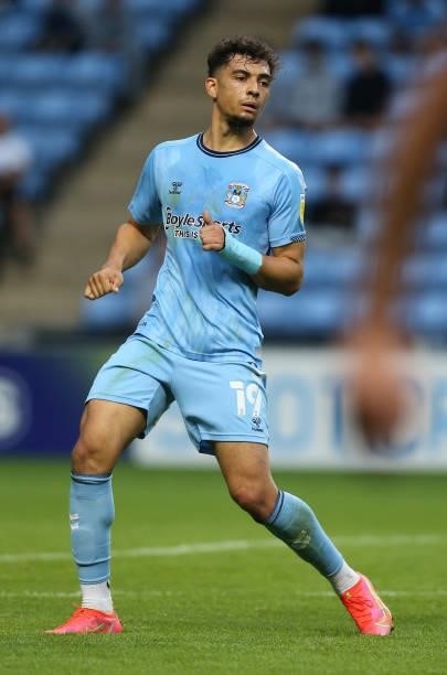Tyler Walker of Coventry City in action during the Carabao Cup 1st round match between Coventry City and Northampton Town at The Coventry Building...