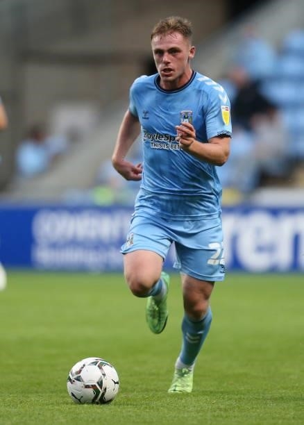 Josh Reid of Coventry City in action during the Carabao Cup 1st round match between Coventry City and Northampton Town at The Coventry Building...