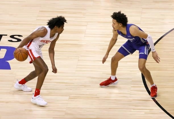Jalen Green of the Houston Rockets is guarded by Cade Cunningham of the Detroit Pistons during the 2021 NBA Summer League at the Thomas & Mack Center...