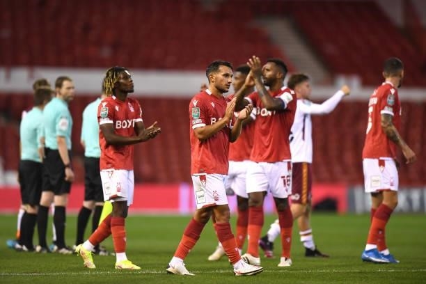 Joao Carvalho of Nottingham Forest applauds the fans at the final whistle during the Carabao Cup First Round match between Nottingham Forest and...