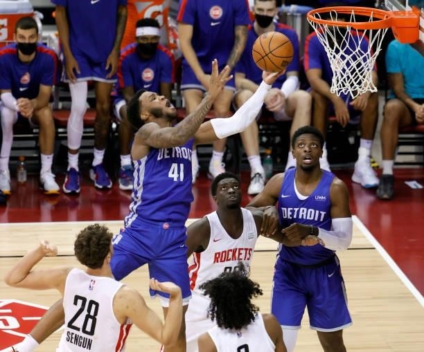 Saddiq Bey of the Detroit Pistons is fouled as he drives to the basket against the Houston Rockets during the 2021 NBA Summer League at the Thomas &...