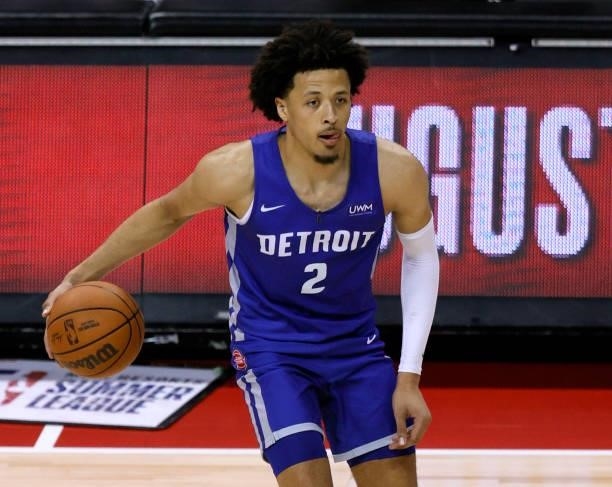 Cade Cunningham of the Detroit Pistons brings the ball up the court against the Houston Rockets during the 2021 NBA Summer League at the Thomas &...