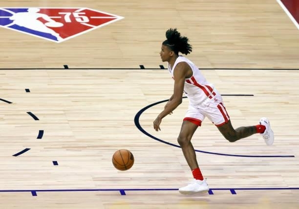 Jalen Green of the Houston Rockets brings the ball up the court against the Detroit Pistons during the 2021 NBA Summer League at the Thomas & Mack...