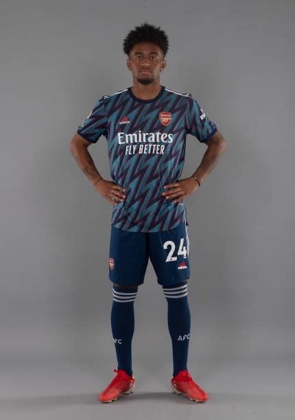 Reiss Nelson of Arsenal at London Colney on August 06, 2021 in St Albans, England.
