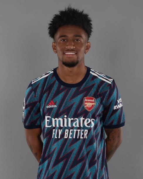 Reiss Nelson of Arsenal at London Colney on August 06, 2021 in St Albans, England.