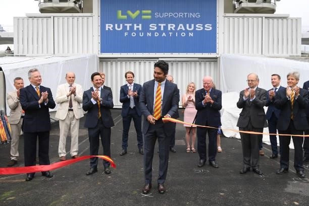 President Kumar Sangakkara cuts the tape to open the Compton and Edrich stands ahead of day one of the Second Test Match between England and India at...