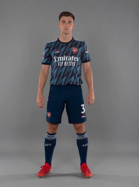 Kieran Tierney of Arsenal at London Colney on August 06, 2021 in St Albans, England.