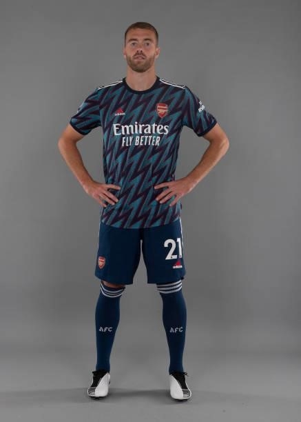 Calum Chambers of Arsenal at London Colney on August 06, 2021 in St Albans, England.