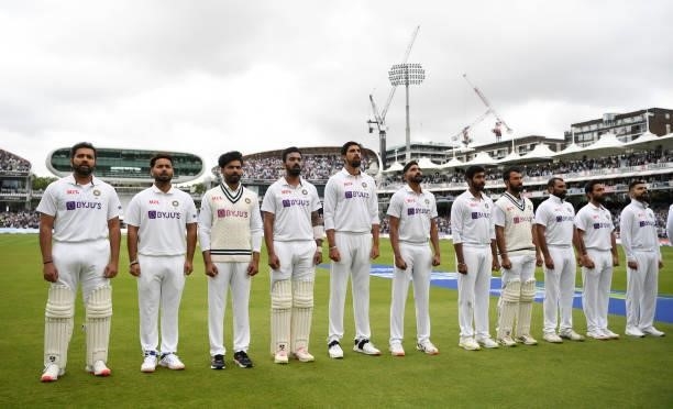 India line up for the national anthems ahead of day one of the Second LV= Insurance Test Match between England and India at Lord's Cricket Ground on...