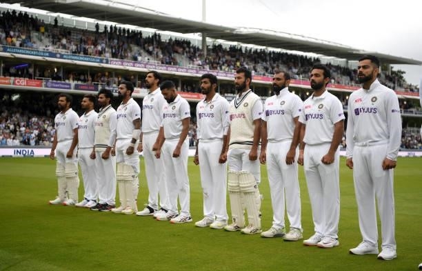 India line up for the national anthems ahead of day one of the Second LV= Insurance Test Match between England and India at Lord's Cricket Ground on...