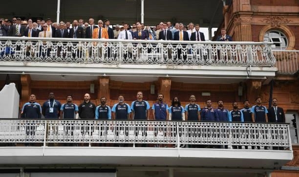 India backroom staff and managment line up for the national anthems ahead of day one of the Second LV= Insurance Test Match between England and India...