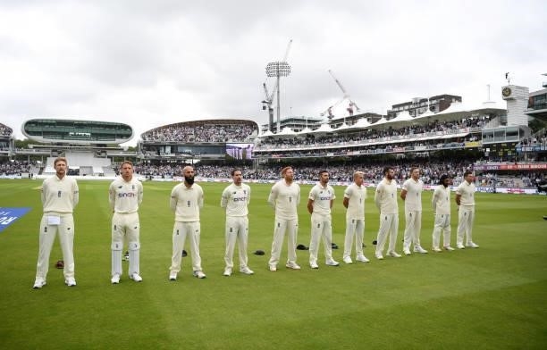 England line up for the national anthems ahead of day one of the Second LV= Insurance Test Match between England and India at Lord's Cricket Ground...