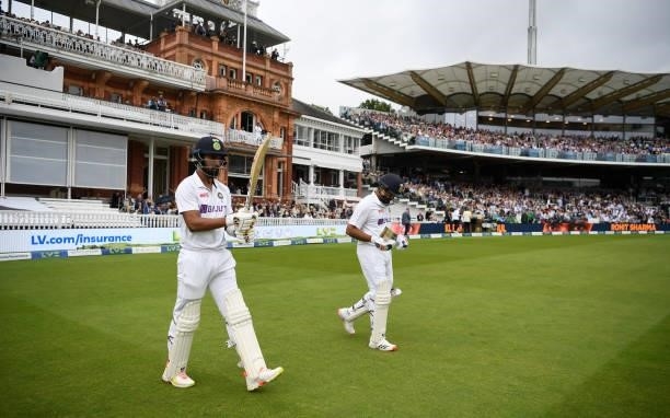 Rahul and Rohit Sharma of India take to the field ahead of day one of the Second LV= Insurance Test Match between England and India at Lord's Cricket...