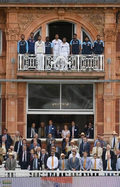 India players and support staff on the dressing room balcony before the 2nd LV= Test match between England and India at Lord's Cricket Ground on...
