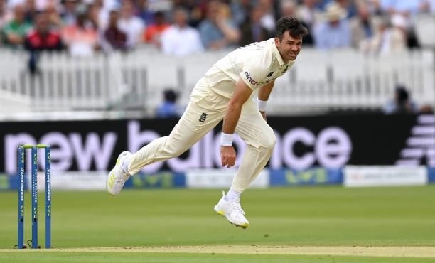 James Anderson of England bowls during day one of the Second LV= Insurance Test Match between England and India at Lord's Cricket Ground on August...