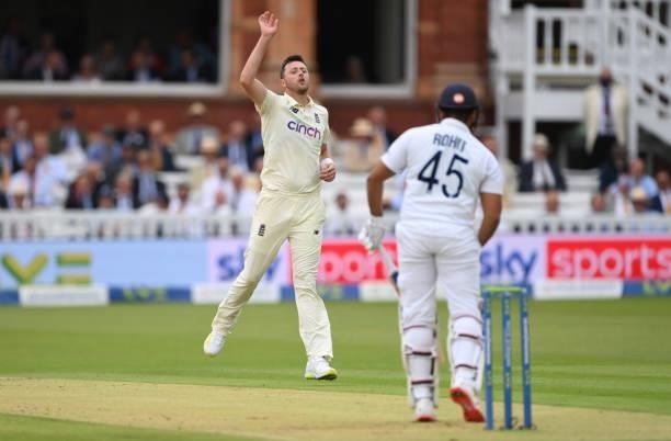England bowler Ollie Robinson reacts during day one of the Second Test Match between England and India at Lord's Cricket Ground on August 12, 2021 in...