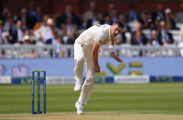 England bowler Ollie Robinson in bowling action during day one of the Second Test Match between England and India at Lord's Cricket Ground on August...