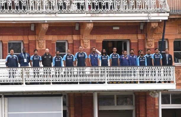The backroom staff of the India team line up for the national anthem during day one of the Second Test Match between England and India at Lord's...