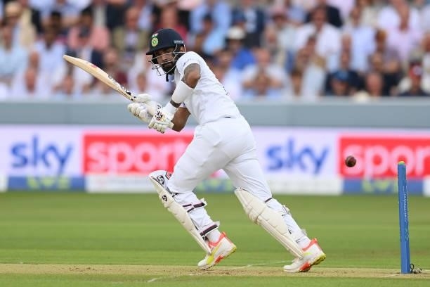 Rahul of India plays a shot off his legs during the Second LV= Insurance Test Match: Day One between England and India at Lord's Cricket Ground on...