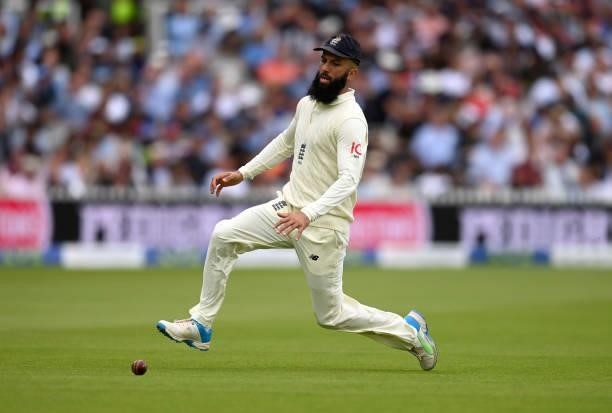 Moeen Ali of England fields the ball during day one of the Second LV= Insurance Test Match between England and India at Lord's Cricket Ground on...