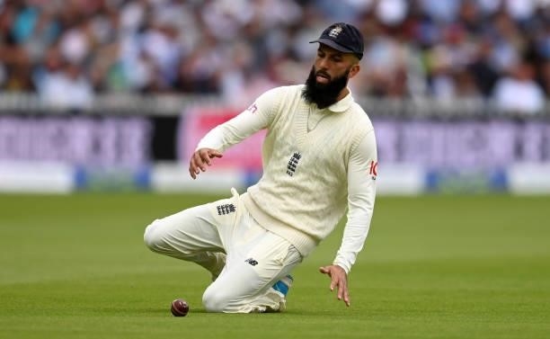 Moeen Ali of England fields the ball during day one of the Second LV= Insurance Test Match between England and India at Lord's Cricket Ground on...