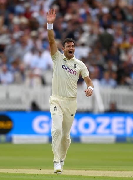 James Anderson of England appeals during day one of the Second LV= Insurance Test Match between England and India at Lord's Cricket Ground on August...
