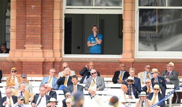 Paul Collingwood of England looks on from the Long Room during the 2nd LV= Test match between England and India at Lord's Cricket Ground on August...