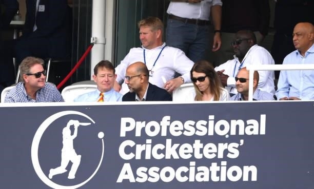 Former England bowlers Matthew Hoggard and Gladstone Small watch play from the PCA box during day one of the Second Test Match between England and...