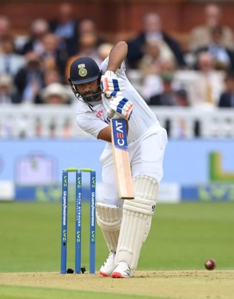 India batsman Rohit Sharma drives during day one of the Second Test Match between England and India at Lord's Cricket Ground on August 12, 2021 in...