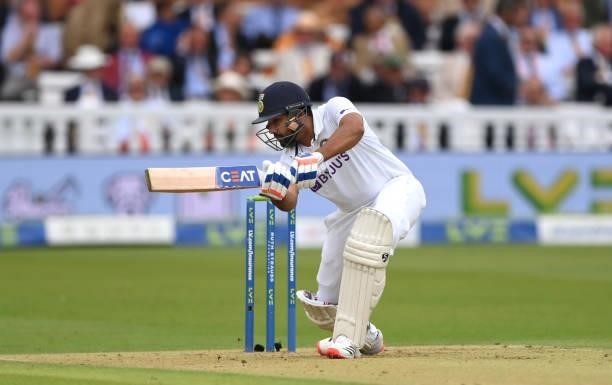 India batsman Rohit Sharma cover drives during day one of the Second Test Match between England and India at Lord's Cricket Ground on August 12, 2021...