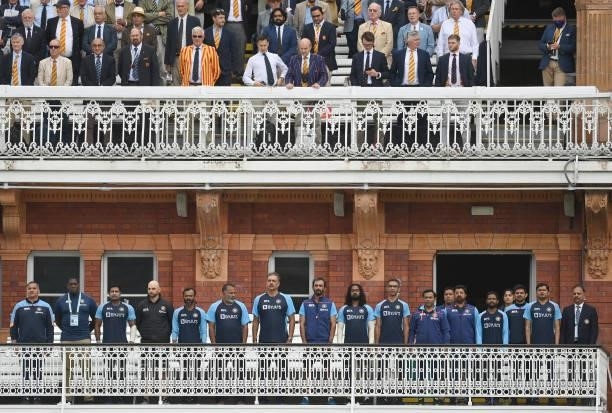 The India management and backroom staff line up for the national anthem before the 2nd LV= Test match between England and India at Lord's Cricket...