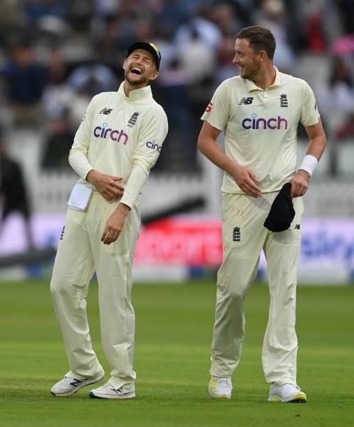 England captain Joe Root shares a joke with Ollie Robinson during day one of the Second LV= Insurance Test Match between England and India at Lord's...