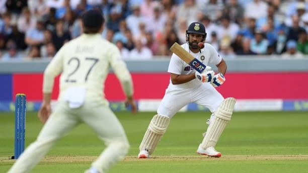 Rohit Sharma of India hits out during the Second LV= Insurance Test Match: Day One between England and India at Lord's Cricket Ground on August 12,...