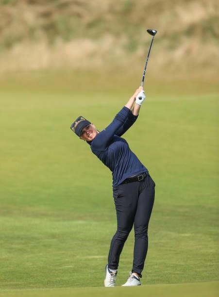 Nanna Koerstz Madsen of Denmark plays her second shot on the seventh hole during the first round of the Trust Golf Women's Scottish Open at Dumbarnie...