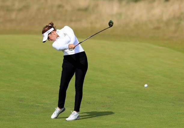 Georgia Hall of England plays her second shot on the seventh hole during the first round of the Trust Golf Women's Scottish Open at Dumbarnie Links...