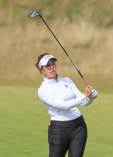 Georgia Hall of England plays her second shot on the seventh hole during the first round of the Trust Golf Women's Scottish Open at Dumbarnie Links...