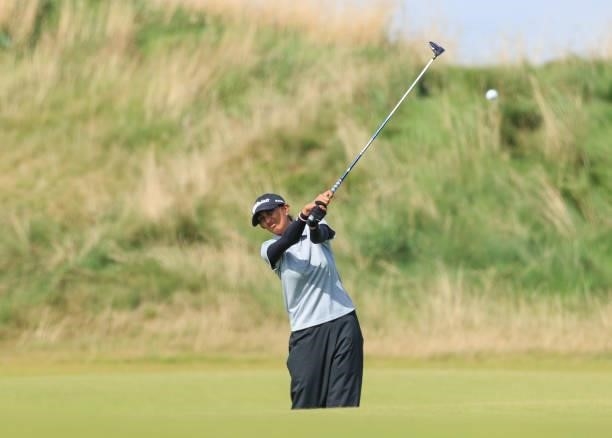 Aditi Ashok of India plays her second shot on the seventh hole during the first round of the Trust Golf Women's Scottish Open at Dumbarnie Links on...