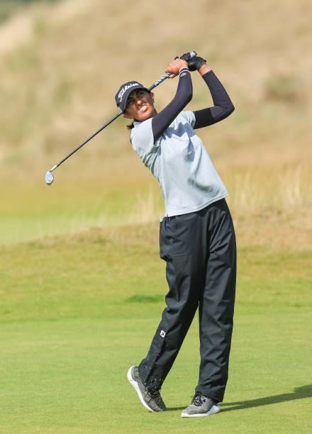 Aditi Ashok of India plays her fourth shot on the seventh hole during the first round of the Trust Golf Women's Scottish Open at Dumbarnie Links on...