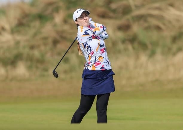 Brittany Altomare of The United States plays her second shot on the seventh hole during the first round of the Trust Golf Women's Scottish Open at...