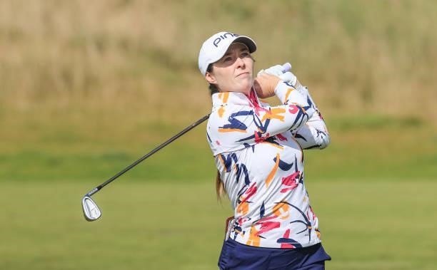 Brittany Altomare of The United States plays her third shot on the seventh hole during the first round of the Trust Golf Women's Scottish Open at...