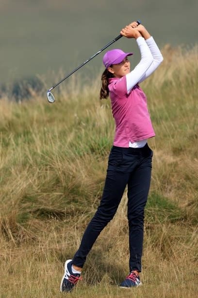 Pia Babnik of Slovakia plays her second shot on the seventh hole during the first round of the Trust Golf Women's Scottish Open at Dumbarnie Links on...
