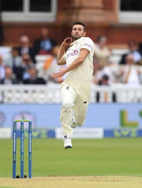 England bowler Mark Wood in bowling action during day one of the Second Test Match between England and India at Lord's Cricket Ground on August 12,...