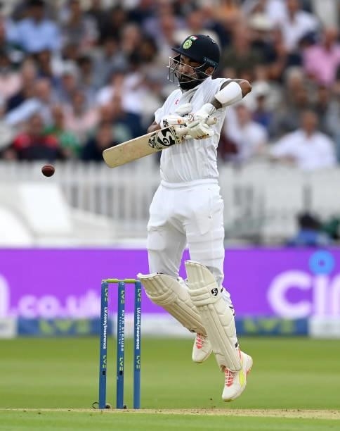 Rahul of India plays a shot ball from Mark Wood of England during day one of the Second LV= Insurance Test Match between England and India at Lord's...