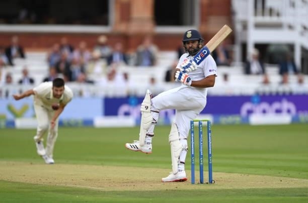 India batsman Rohit Sharma pulls a ball from Mark Wood to the boundary during day one of the Second Test Match between England and India at Lord's...
