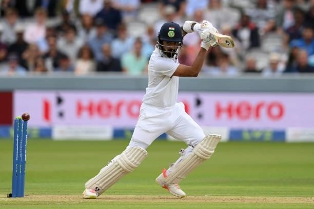 Rahul of India plays a cut shot during the Second LV= Insurance Test Match: Day One between England and India at Lord's Cricket Ground on August 12,...