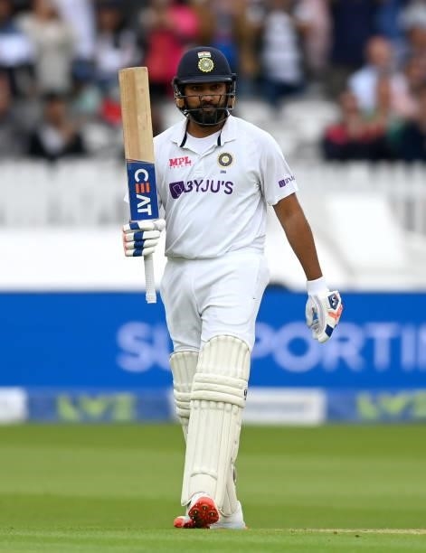 Rohit Sharma of India salutes the crowd after reaching his half century during day one of the Second LV= Insurance Test Match between England and...