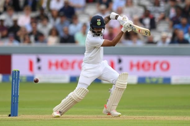 Rahul of India plays a cut shot during the Second LV= Insurance Test Match: Day One between England and India at Lord's Cricket Ground on August 12,...