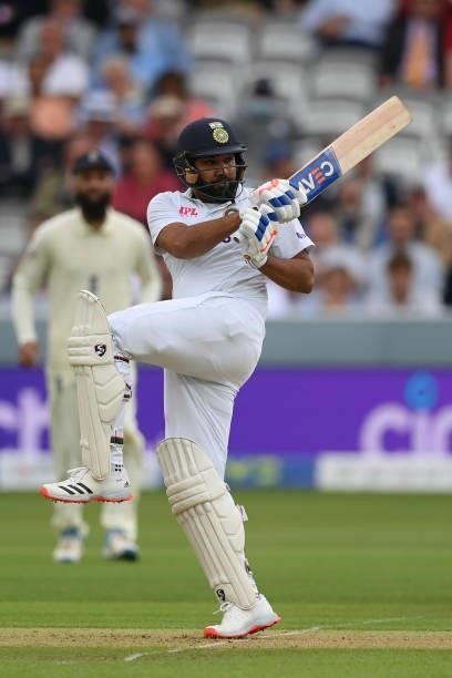 Rohit Sharma of India hooks for four during the Second LV= Insurance Test Match: Day One between England and India at Lord's Cricket Ground on August...