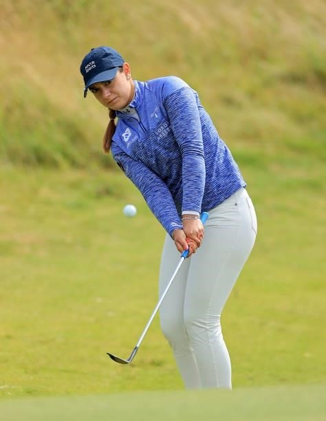 Ana Belac of Slovenia plays her third shot on the 18th hole during the first round of the Trust Golf Women's Scottish Open at Dumbarnie Links on...