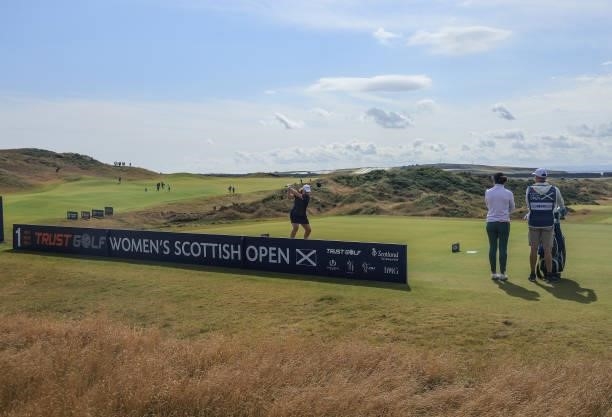 Gemma Dryburgh of Scotland plays her tee shot on the first hole during the first round of the Trust Golf Women's Scottish Open at Dumbarnie Links on...